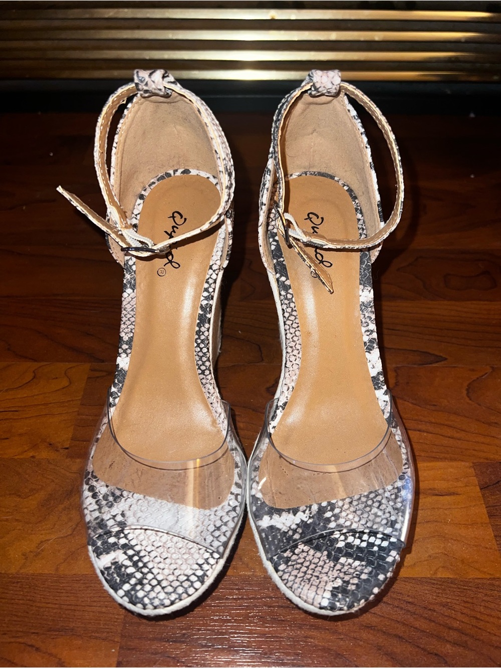 Qupid Black and Beige Snake-Print Ankle Strap Wedge Sandals